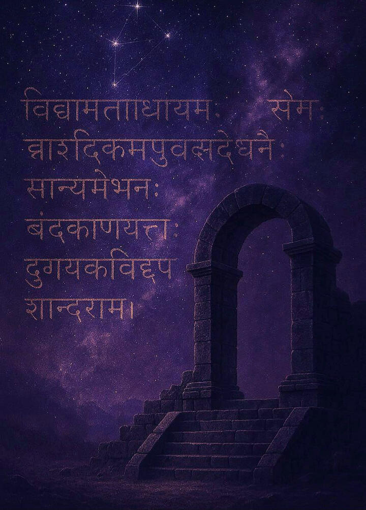 A mystical stone archway stands beneath a vivid starry sky, adorned with glowing Sanskrit verses symbolizing cosmic wisdom and spiritual guidance.