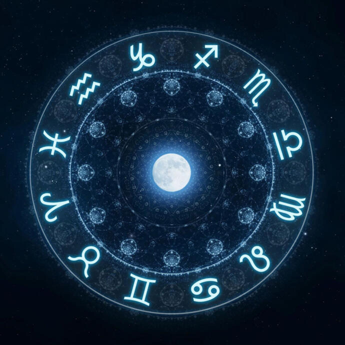 A glowing Vedic astrology zodiac wheel encircles a radiant full moon, representing cosmic alignment, planetary influence, and the spiritual art of horoscope reading.